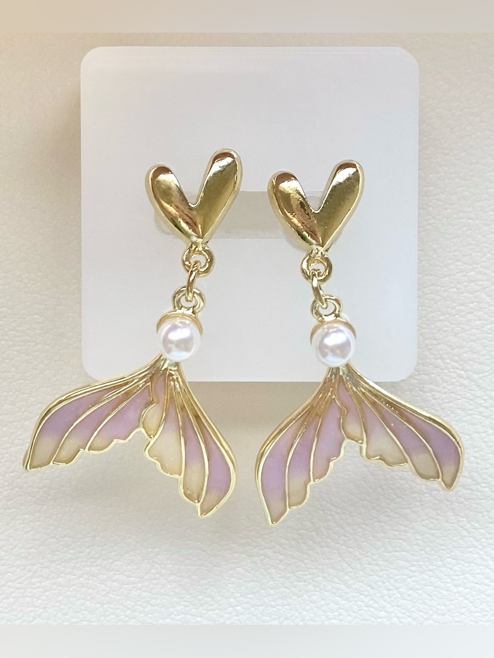 Gold-Plated Pink Mermaid Tail Drop Earrings with Pearl Accent